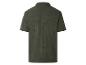 Dunkelgrünes geripptes Kurzarm-Poloshirt mit kleiner Tasche am linken Ärmel.