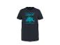 Marineblaues Kurzarm-T-Shirt mit Palmenprint und türkisfarbenem Text „PALMS & OCEAN BREEZE“.