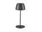 Schwarze, moderne Tischlampe mit konischem Schirm und rundem Fuß.