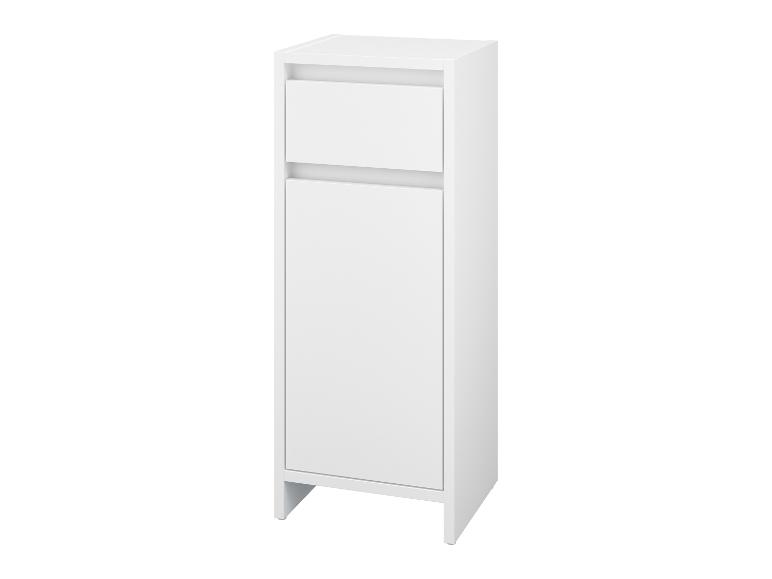 Weißer Badezimmerschrank mit einer Schublade und einer Tür.