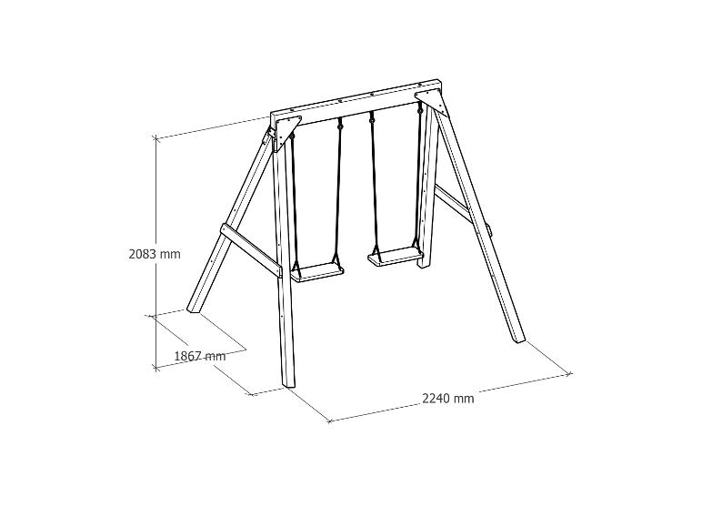 Holzschaukel mit zwei Sitzen und Maßen von 2083x1867x2240 mm.