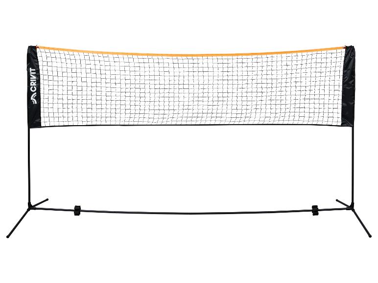 Tragbares Badminton- und Volleyballnetz mit schwarzen Pfosten und orangefarbenem oberen Band.