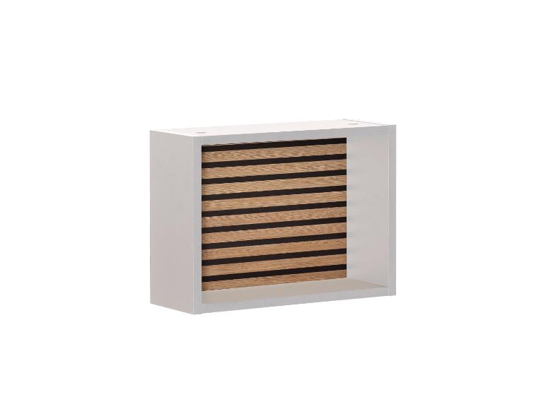 Wandschrank mit Holz- und schwarzer Lamellenfront, weißer Rahmen