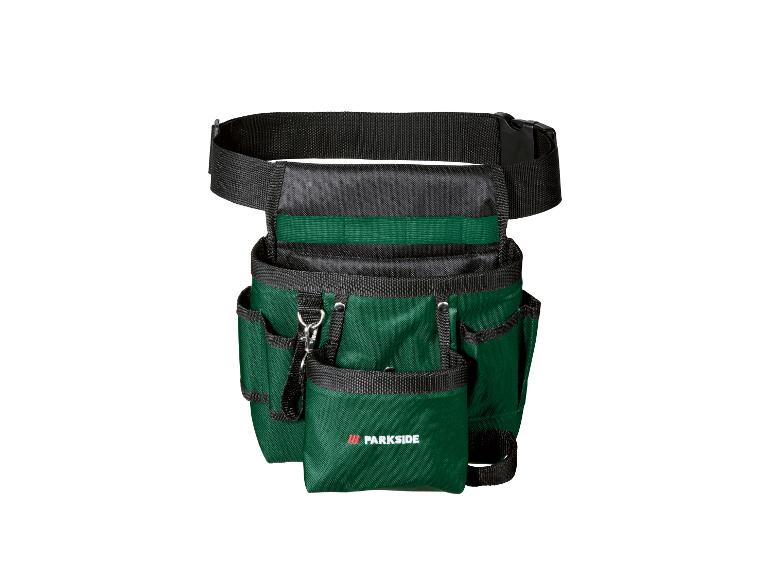 Grüner Werkzeuggürtel mit Taschen und schwarzer Schnalle.
