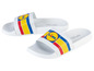 Weiße Slipper mit Lidl-Logo und Streifen.