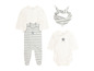 Babykleidung-Set mit gestreiftem Strampler, Langarmshirt und Bandana.