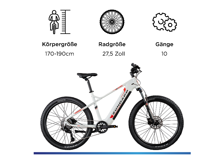 Weißes Elektro-Mountainbike mit roten und schwarzen Akzenten.