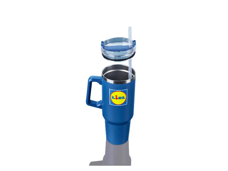 Lidl Thermobecher mit Deckel und Strohhalm.