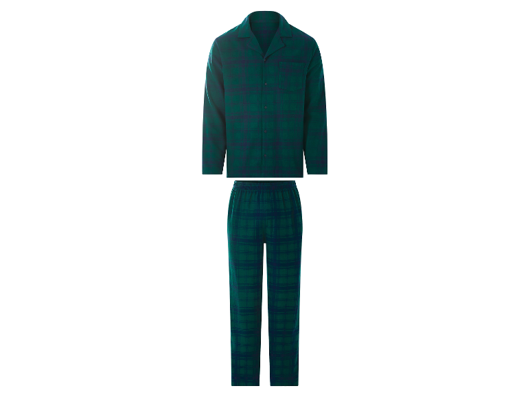 ESMARA MEN Herren-Pyjama lang aus Flanell in grünem Karo-Muster.