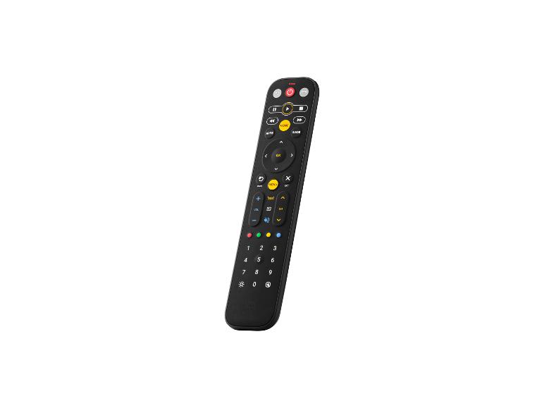 Schwarze Universalfernbedienung mit farbigen Tasten für TV und Set-Top-Box.