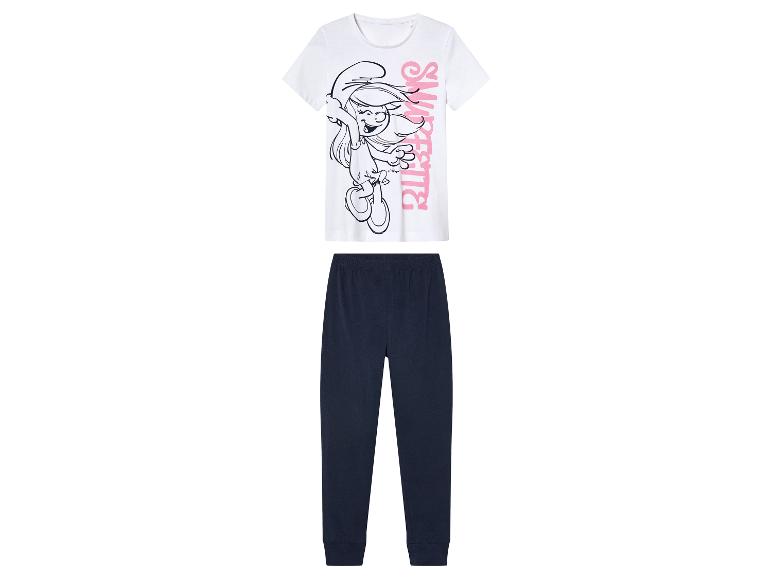 Pyjama mit Smurfin-Druck auf einem weißen T-Shirt und dunkelblauen Hosen.