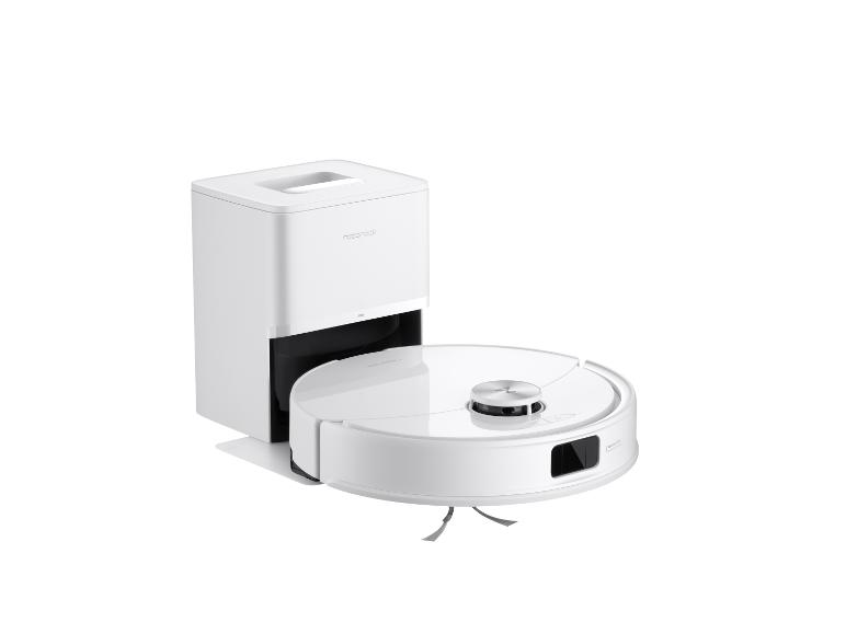Roborock Saugroboter mit automatischer Entleerungsstation in Weiß.
