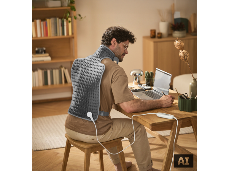 Mann arbeitet am Schreibtisch mit Heizweste auf Rücken und Nacken.
