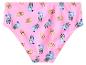 Rosa Kinder-Badehose mit einem Muster aus blauen und orangefarbenen Cartoon-Hunden.
