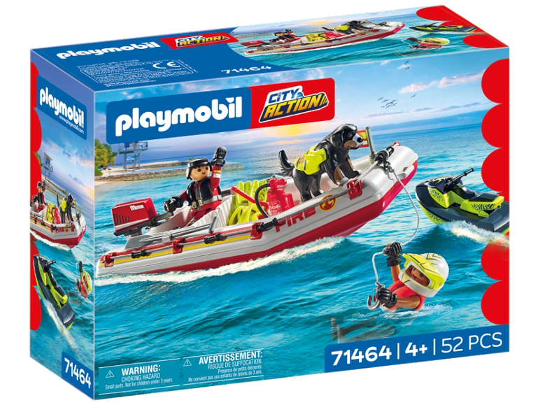 Spielset mit Feuerwehrboot, Rettungshund und Figuren im Wasser