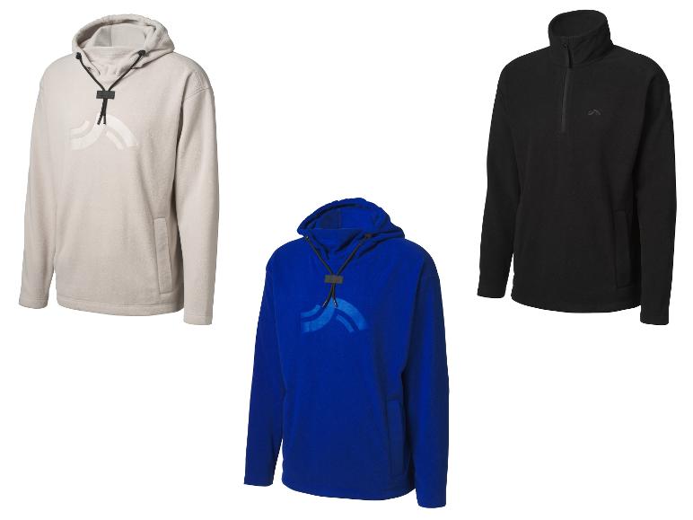 Drei Fleece-Pullover: ein beiger Hoodie, ein blauer Hoodie und ein schwarzer Quarter-Zip.