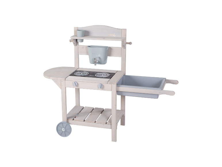 Roba Spielküchen-Set aus Holz in weiß mit grauem Zubehör.