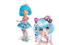Puppe im Anime-Stil mit blauen Haaren und Blumenkleid neben ihrer illustrierten Figur.