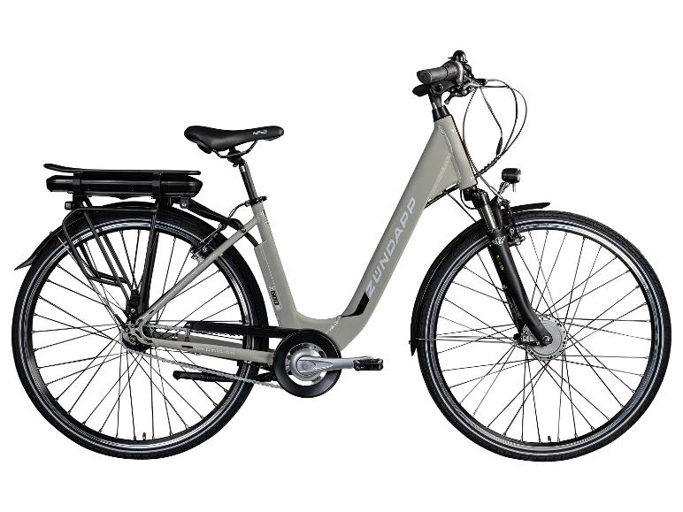 Graues Zündapp Z600 E-Bike mit Gepäckträger und Lichtern