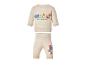 Sandfarbenes Baby-Sweatshirt und Hose mit Zeichentrickfiguren und dem Text „Let's Bee Friends“.