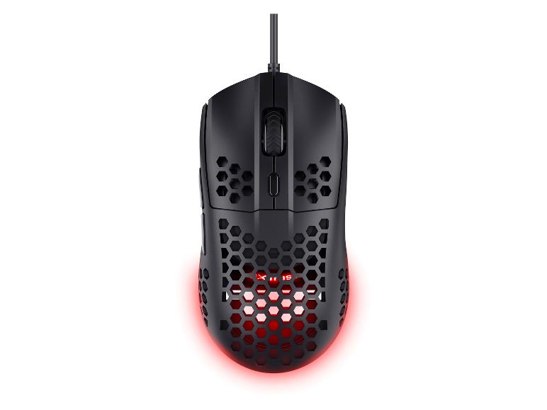 Schwarze Gaming-Maus mit LED-Beleuchtung und perforiertem Gehäuse