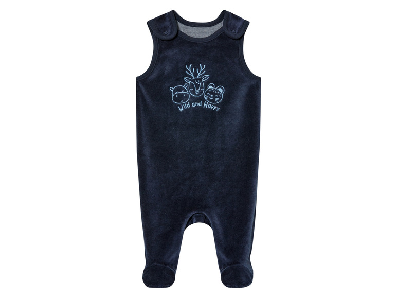 Ein dunkelblauer Baby-Strampler mit Tierdruck.