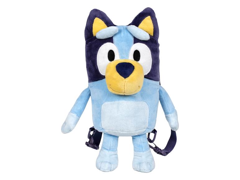 Blauer und gelber Plüschrucksack von Bluey mit schwarzen Trägern