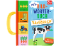 Kinder-Bildwörterbuch zum Thema Bauernhof, zeigt Küken, Stiefel, Traktor, Karotten und Kuh.