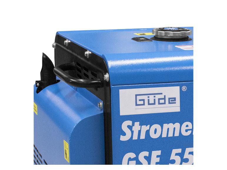 Blauer Generator mit schwarzem Griff und der Aufschrift „Strome GSE 55“.