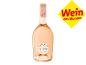 Flasche Roséwein mit „Cotes de Provence“-Etikett, mit gelbem „Wein des Monats“-Diamanten.