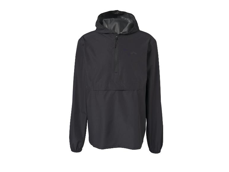 Schwarze Kapuzen-Anorakjacke mit Reißverschluss am Kragen.