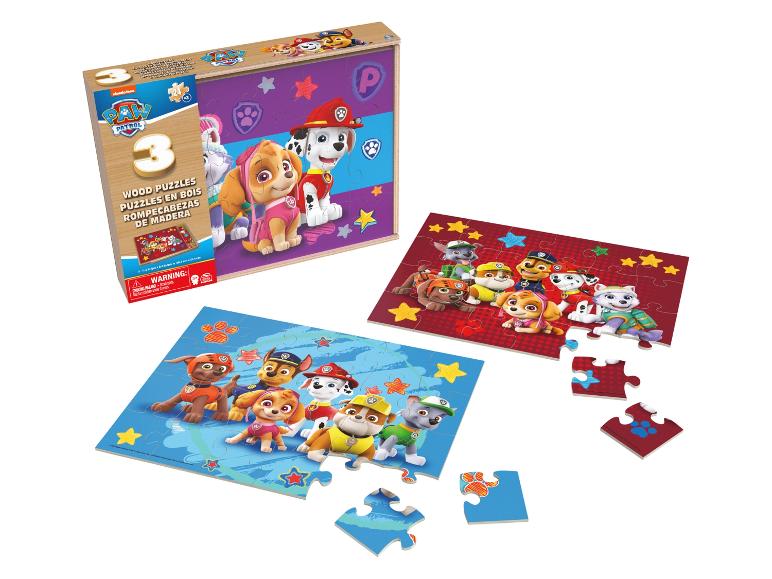 Set aus 3 Holzpuzzles mit Zeichentrickfiguren, Warnung vor Erstickungsgefahr.