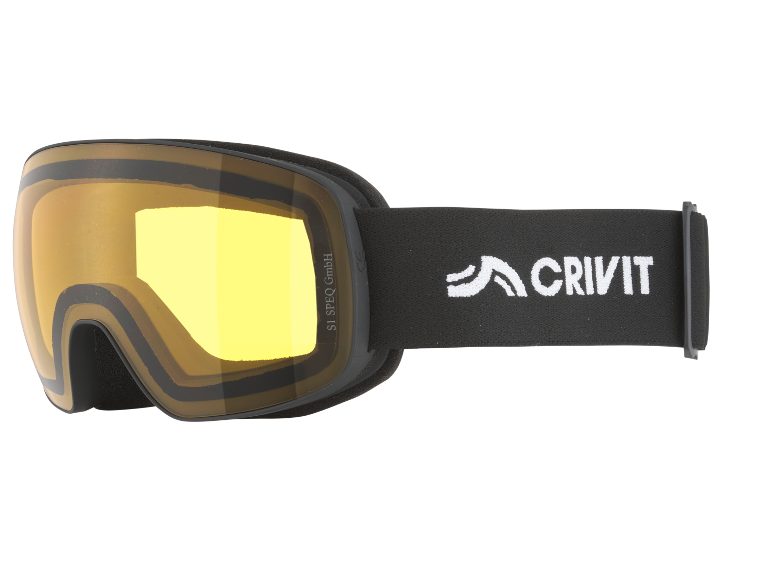 Schwarze Skibrille mit gelben Gläsern und schwarzem Band mit weißem Logo
