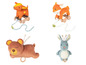 Ein Reh, ein Fuchs, ein Bär und ein Kaninchen auf Rädern und mit einem Ring, Plüschspielzeug für Babys.