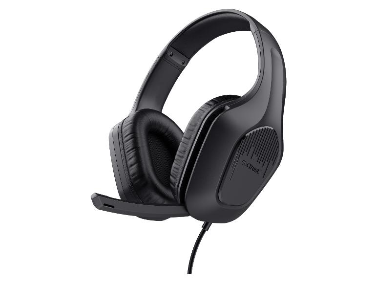 Schwarze Gaming-Kopfhörer mit Mikrofon und Kabel.