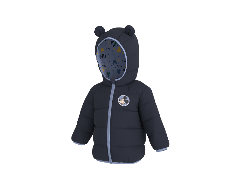 Kinder-Steppjacke in Marineblau mit gemustertem Kapuzenfutter und Charakter-Patch
