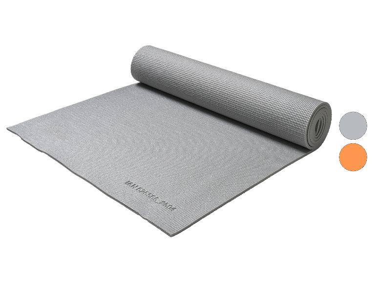 Graue Yogamatte mit sichtbarer Aufschrift IAN 525566_2304 und Farbmustern