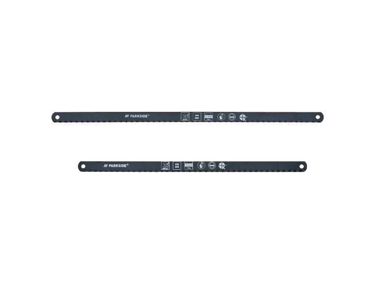 Zwei Metallsägeblätter, eines 300 mm und eines 250 mm, mit Zähnen zum Schneiden.