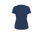 Rückenansicht eines schlichten marineblauen Damen-T-Shirts mit kurzen Ärmeln.