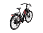 Schwarzes E-Bike mit roten Streifen und Gepäckträger.