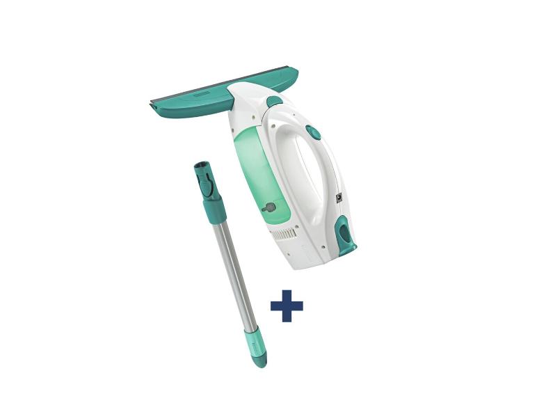 Weißer Fensterreiniger mit grünem Behälter und Verlängerungsstange.