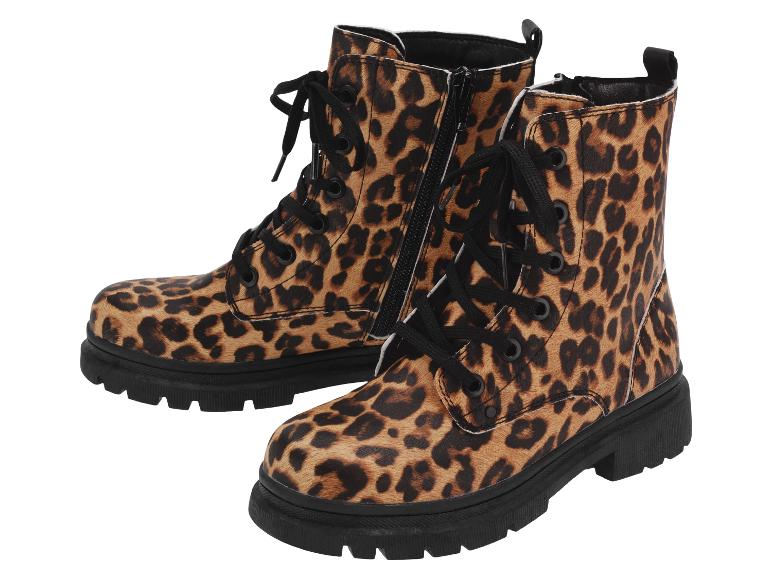 Kinderstiefel mit Leopardenmuster, schwarzen Schnürsenkeln und Reißverschluss
