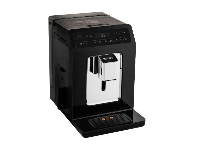 Schwarze KRUPS Kaffeemaschine mit Digitalanzeige und Kaffeebohnen oben.