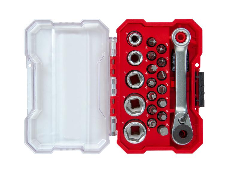 Roter Steckschlüssel- und Bit-Satz mit Ratsche, inklusive verschiedener Größen wie T10, T15, H4, PH1, PZ1.