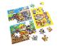 Drei Kinderpuzzles mit Welpenfiguren und Bauthemen, teilweise zusammengesetzt.