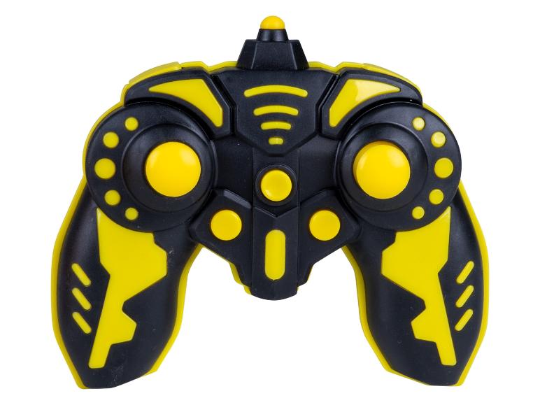 Schwarz-gelbe Fernbedienung mit Knöpfen und Joysticks.