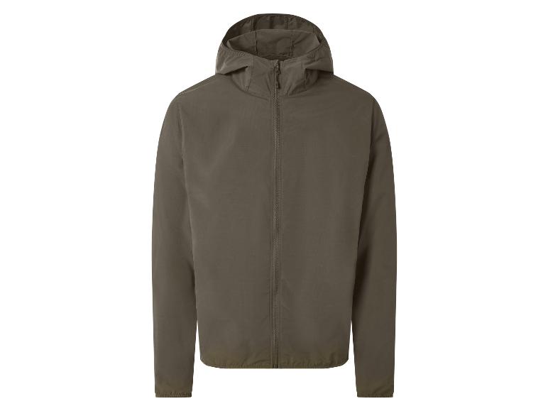 Leichte Herrenjacke in Khaki mit Kapuze und Reißverschluss.