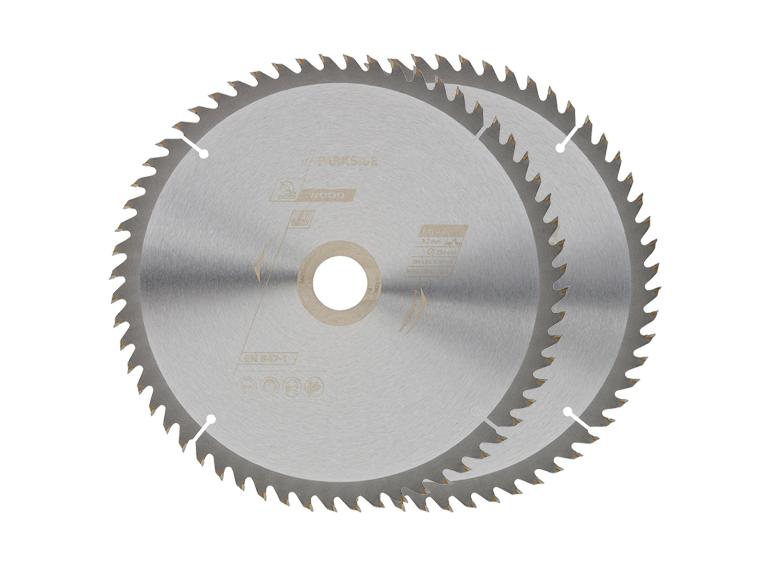 Zwei Kreissägeblätter für Holz mit 60 Zähnen und 3,2 mm Dicke.