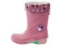 Rosa Gummistiefel mit Herzchen-Druck und Lichtern.