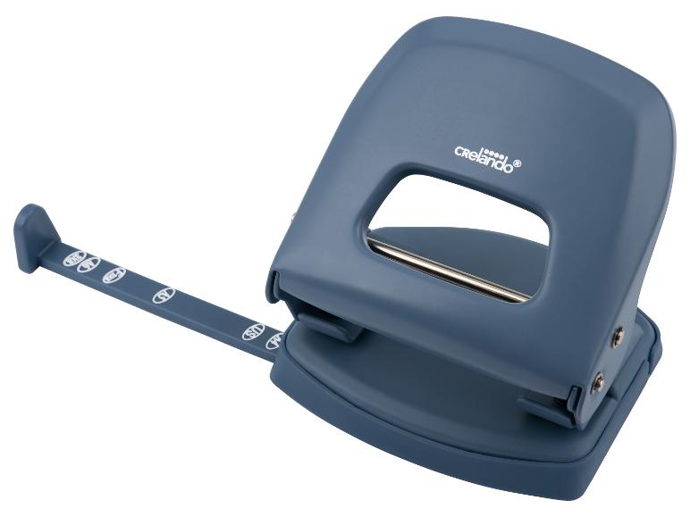 Blauer Crelano Locher mit verstellbarem Papieranschlag
